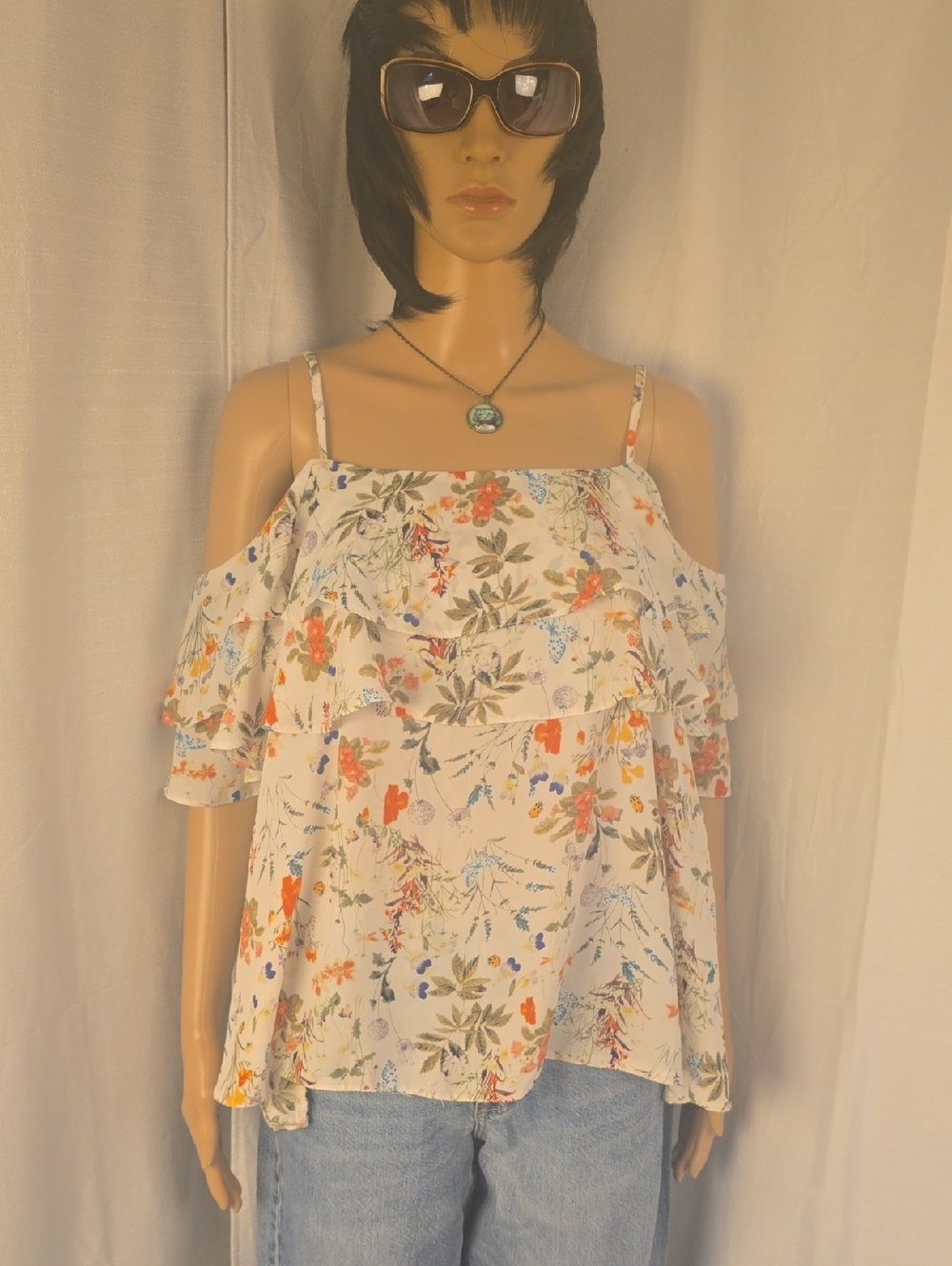 Buffalo David Bitton White Floral Cold-Shoulder Ruffle Summer Top Size Small